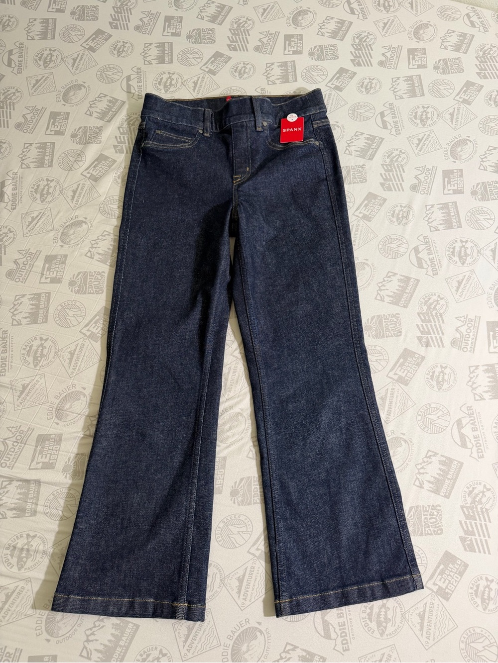 Spanx Cropped Kick Flare Jeans Raw Indigo Blue Size M 25.5" Inseam Stretch NWT